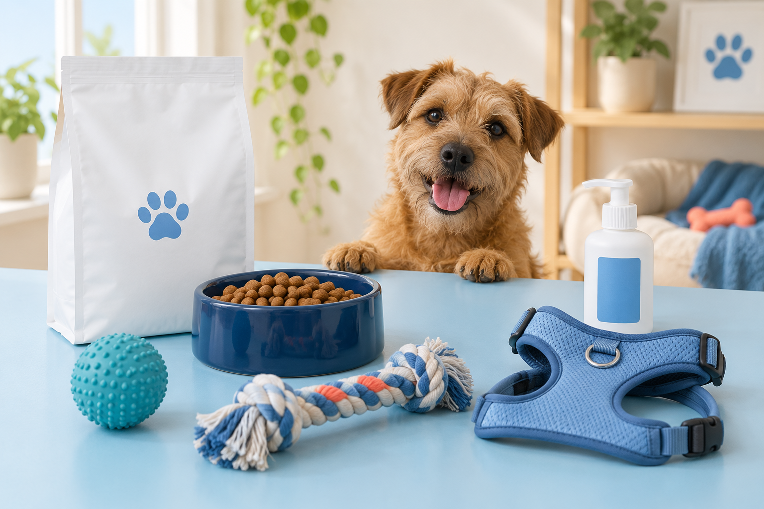 Imagem ilustrativa de alimentação, higiene e acessórios para pets